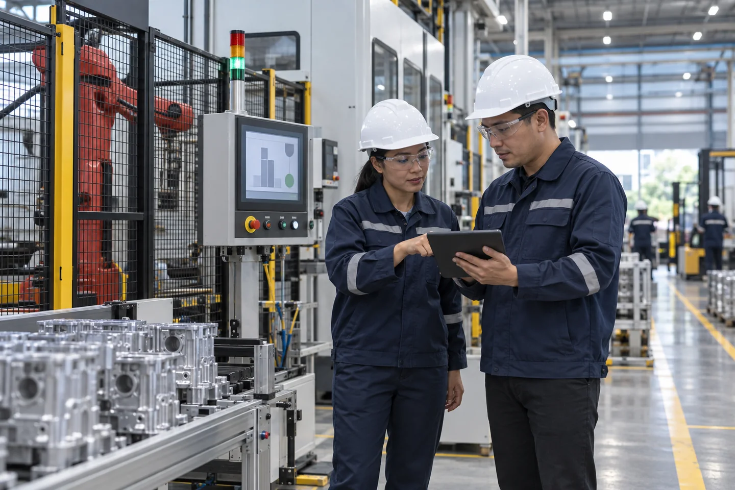 Ilustrasi AI supervisor produksi dan engineer VMTECH meninjau data di area manufaktur